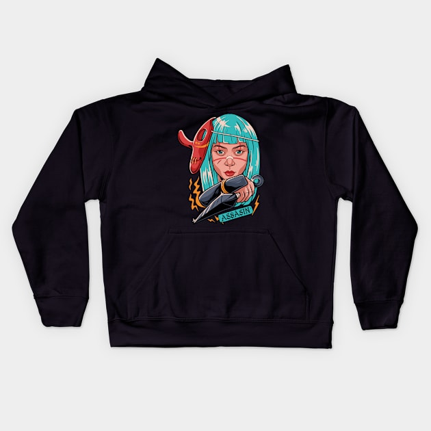 Assassin Ninja Girl Kunoichi with Tengu Mask Kids Hoodie by Genbu